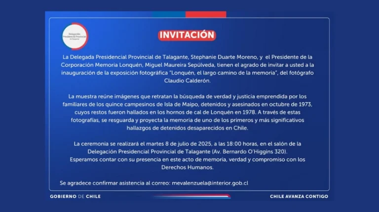 Invitación a la inauguración de la exposición “Lonquén, el largo camino de la memoria” del fotógrafo Claudio Calderón.