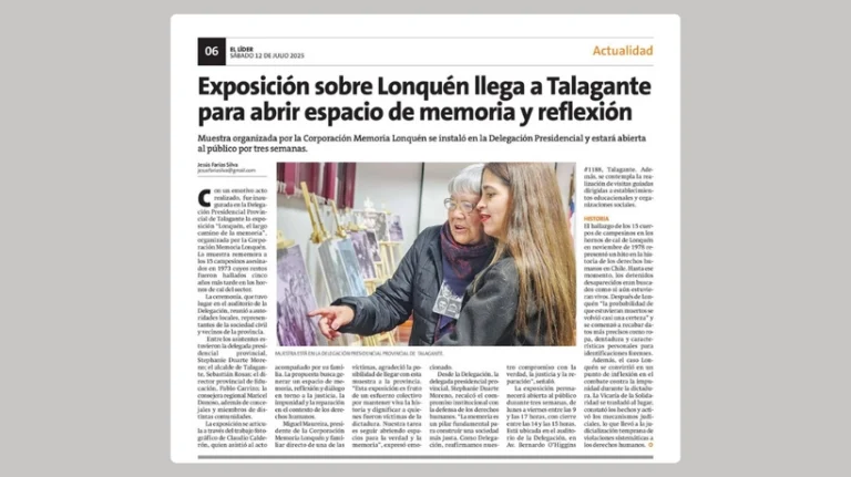 Prensa / Exposición sobre Lonquén llega a Talagante para abrir espacio de memoria y reflexión. Por Jesús Farías / lidermelipilla.cl